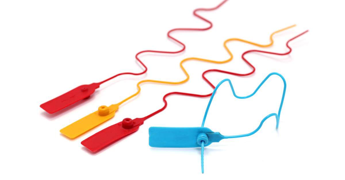 Red, yellow, and blue plastic seals for tampering protection on display. The blue plastic seal is tied up.